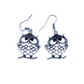 Zinc Alloy Burnished Silver Finish Owl Earrings