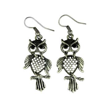 Zinc Alloy Burnished Silver Finish Owl Earrings