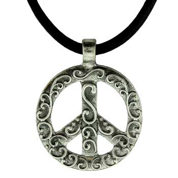 Zinc Alloy Burnished Silver Finish Peace Sign Necklace