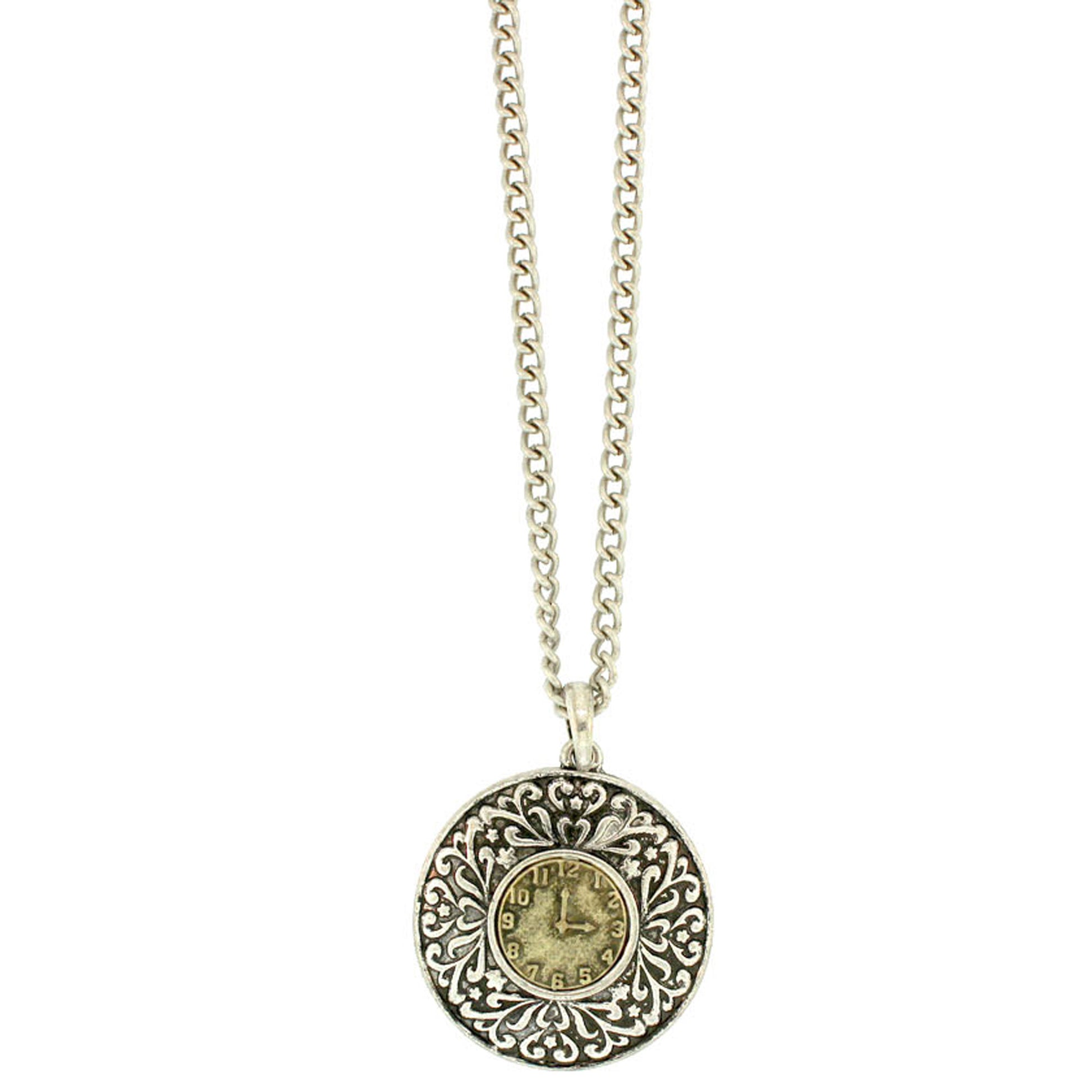 18 inch Zinc Alloy Antique Silver And Gold Finish Clock Necklace