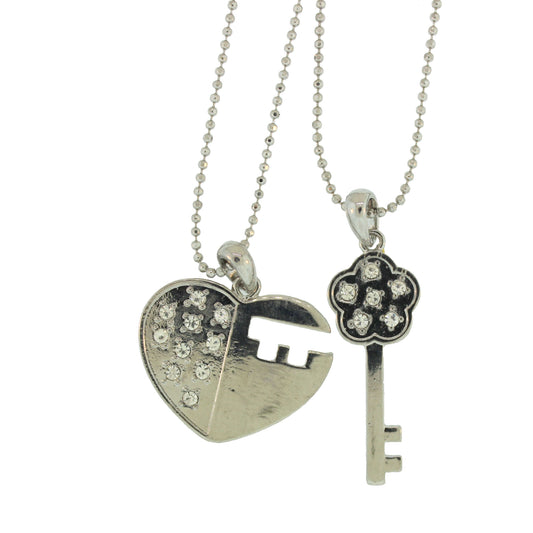 Zinc Alloy Silver Plated Heart And Key Necklace