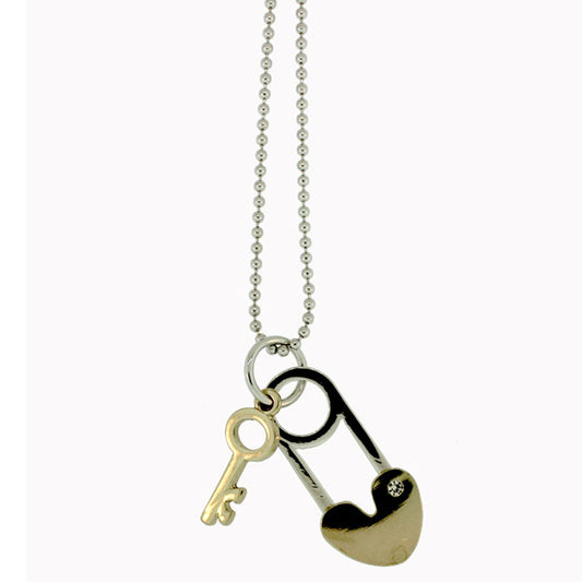 Zinc Alloy Rhodium And Gold Lock With Key Necklace