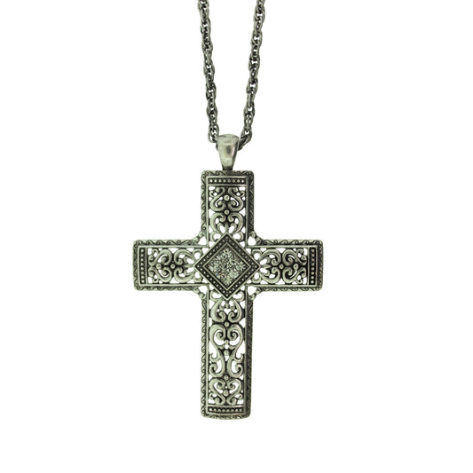 16 inch Zinc Alloy Oxidized Metal Finish Cross Necklace