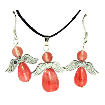 20-30mm Cherry Quartz Glass Angel Heart Pendants & Earrings