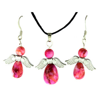 20-30mm Dyed Pink Matrix Jasper Angel Heart Pendants & Earrings