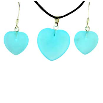 15 / 22mm Frosted Aqua Quartz Glass Heart Pendants & Earrings