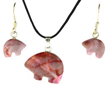 13X9/21X16mm Pink Matrix Stone Zuni Bear Pendants & Earrings