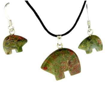13X9/21X16mm Unakite Zuni Bear Pendants & Earrings