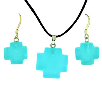 15 / 20mm Frosted Aqua Quartz Glass Cross Pendants & Earrings