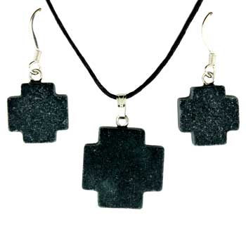 15 / 20mm Frosted Black Stone Cross Pendants & Earrings