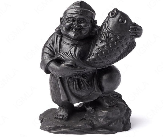 Shungite Hotei with sacred fish Carving