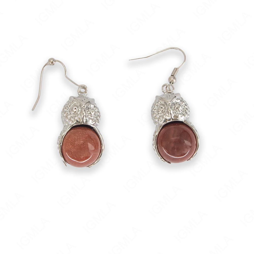 Brown Goldstone Round Owl Earrings