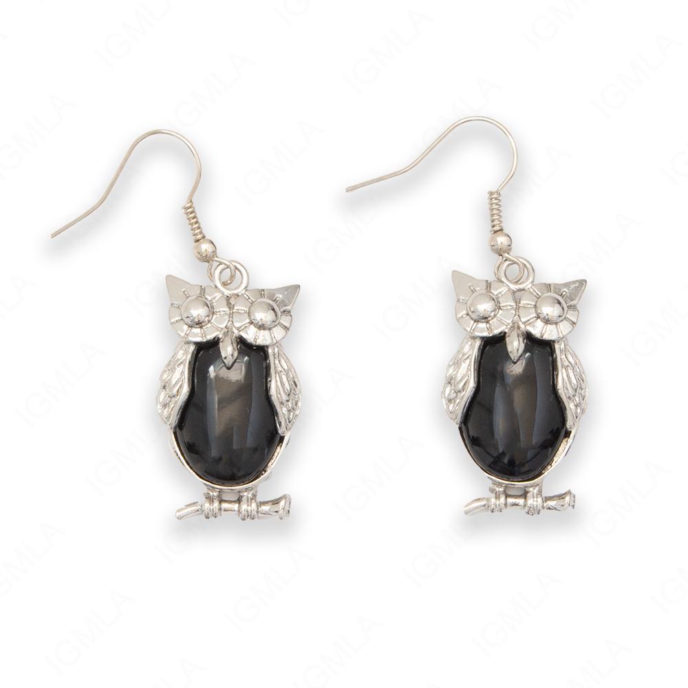 Black Agate Oval Owl Earrings
