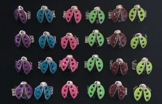 Yellow, Red, Pink, Purple, Blue, Green Lady Bug Rings 24 Pc Box