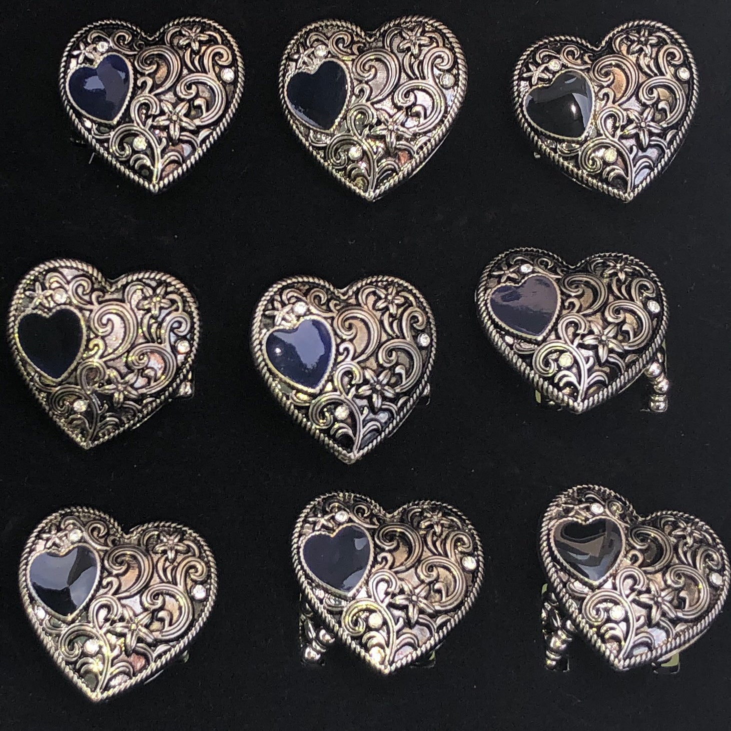 Zinc Alloy Heart-Black Rings 24 Pc Box