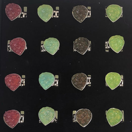 6 Color Assorted Druzy Pear Rings 24 Pc Box