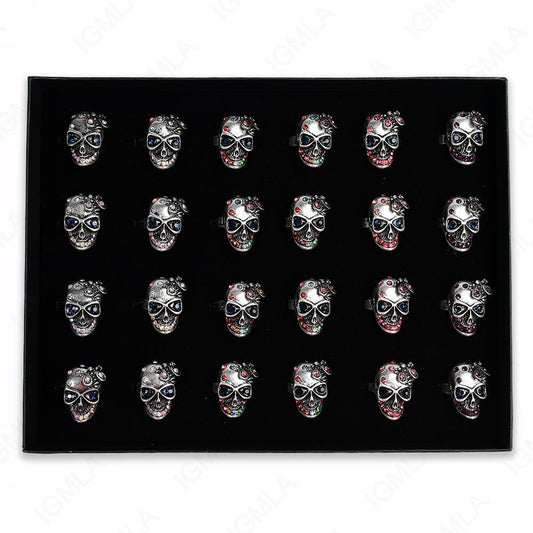 Burnish Silver Plated Ab Clear 8Pc Multi Skull Rings 24 Pc Box
