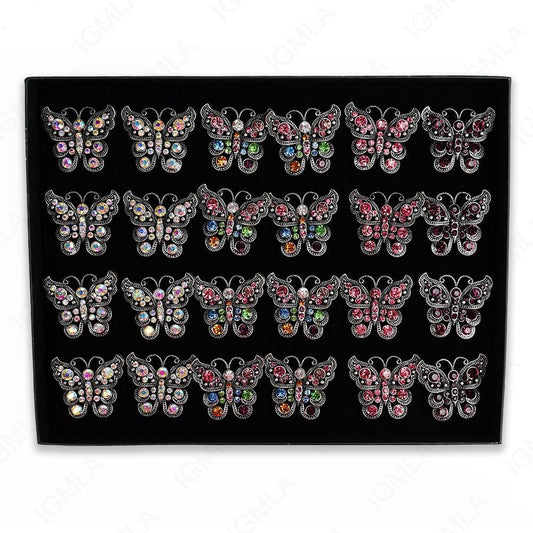 Burnish Silver Plated Ab Clear 8Pc Multi Butter Fly Rings 24 Pc Box
