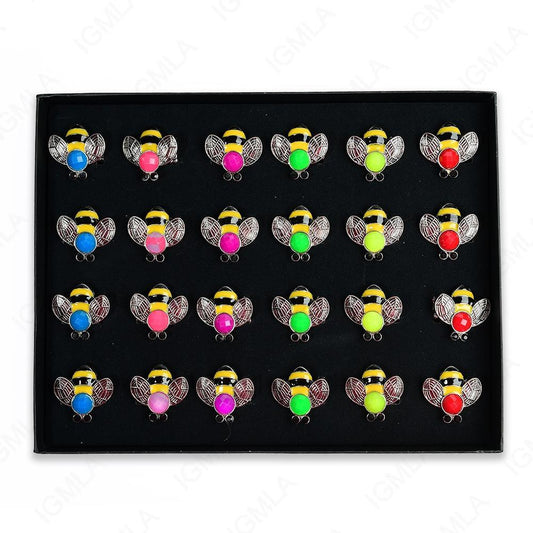 Yellow, Red, Pink, Purple, Blue, Green Bee Rings 24 Pc Box