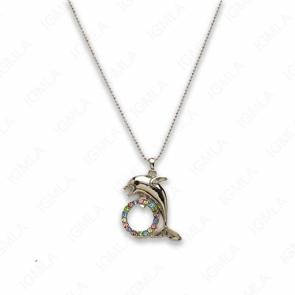 Zinc Alloy Multi Rinestone Silver Plated Dolphin w/wheel Necklace