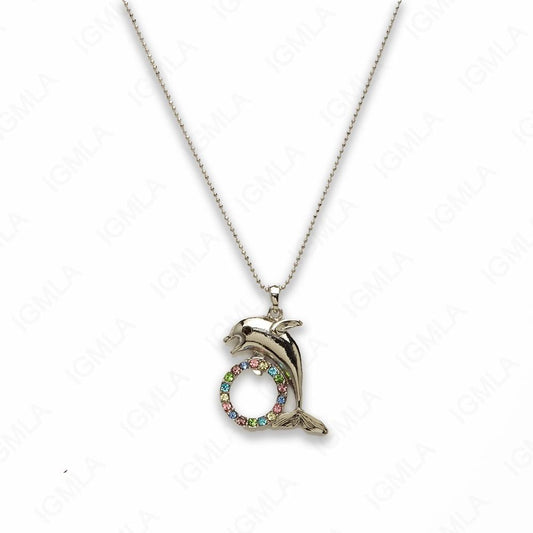Zinc Alloy Multi Rinestone Silver Plated Dolphin w/wheel Necklace