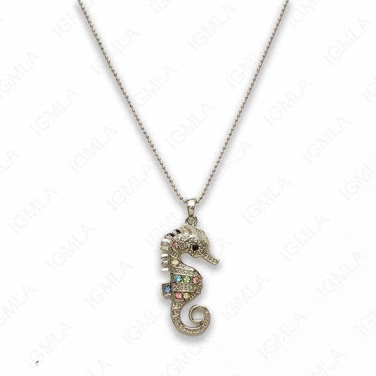 Zinc Alloy Multi Rhinestone Silver Plated Sea Horse Necklace