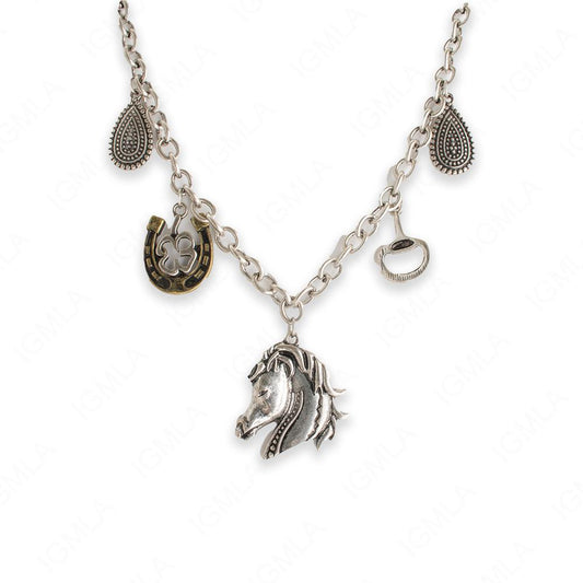 Zinc Alloy Rhodium and Gold Plated Horse Face Necklace