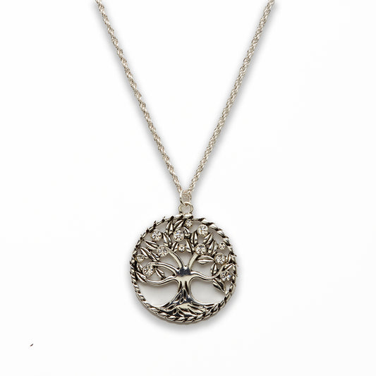 Zinc Alloy Crystal Rhinestone Silver Plated Tree Of Life Necklace