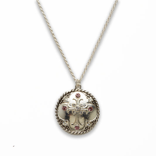 Zinc Alloy Purple & Crystal Rhinestone Silver Plated Cross Necklace