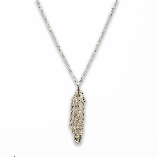 Zinc Alloy Crystal Rhinestone Silver Plated Feather Necklace