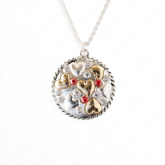 Zinc Alloy Red Rhinestone w Gold Hearts Silver Plated Round Necklace