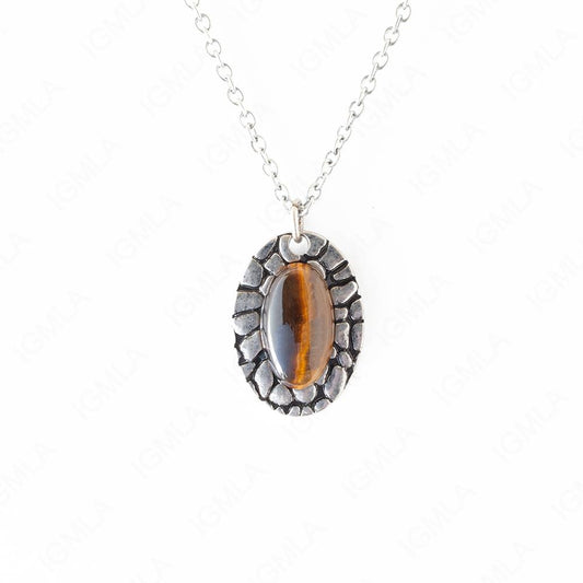 Zinc Alloy Tiger Eye Rhodium Plated Oval Necklace