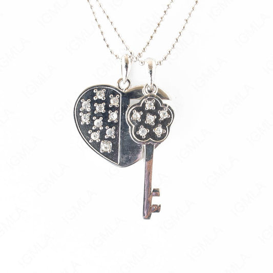 Zinc Alloy Rhinestone Silver Plated Heart & Key Necklace