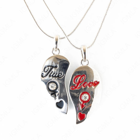 Zinc Alloy 2pc Black & Red Silver Plated Heart Necklace