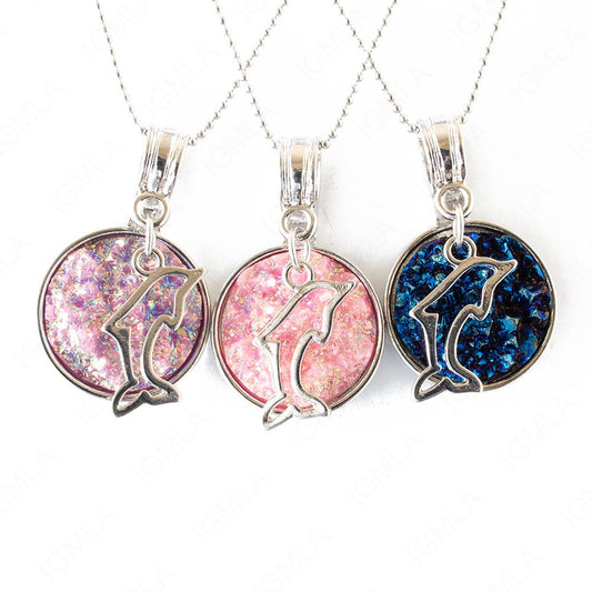 Zinc Alloy Multi, Blue, Pink Dolphin Silver Plated Charm Druzy Round Necklace