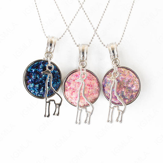Zinc Alloy Multi, Blue, Pink Giraffe Silver Plated Charm Druzy Round Necklace