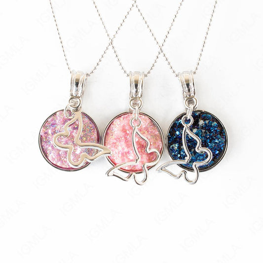 Zinc Alloy Multi, Blue, Pink Butterfly Silver Plated Charm Druzy Round Necklace
