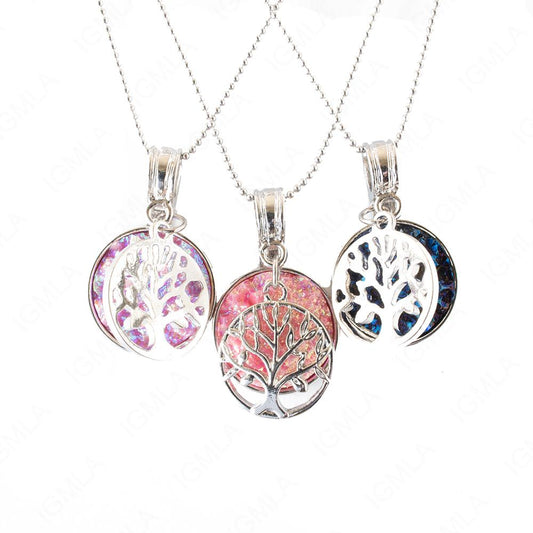Zinc Alloy Multi, Blue, Pink Tree of Life Silver Plated Charm Druzy Round Necklace