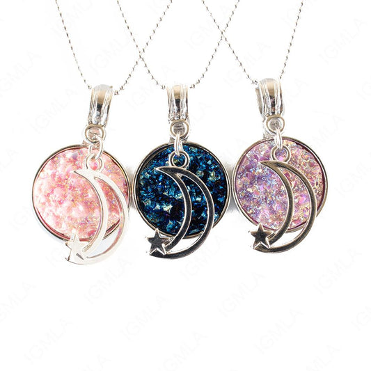 Zinc Alloy Multi, Blue, Pink Half Moon Star Silver Plated Charm Druzy Round Necklace