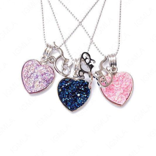 Zinc Alloy Multi, Blue, Pink Dinosaur Silver Plated Charm Druzy Heart Necklace