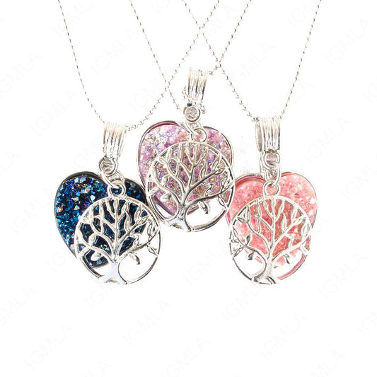 Zinc Alloy Multi, Blue, Pink Tree Of Life Silver Plated Charm Druzy Heart Necklace
