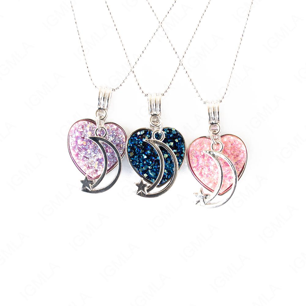 Zinc Alloy Multi, Blue, Pink Half Moon Star Silver Plated Charm Druzy Heart Necklace