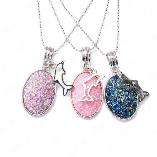 Zinc Alloy Multi, Blue, Pink Dolphin Silver Plated Charm Druzy Oval Necklace