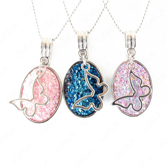 Zinc Alloy Multi, Blue, Pink Butterfly Silver Plated Charm Druzy Oval Necklace