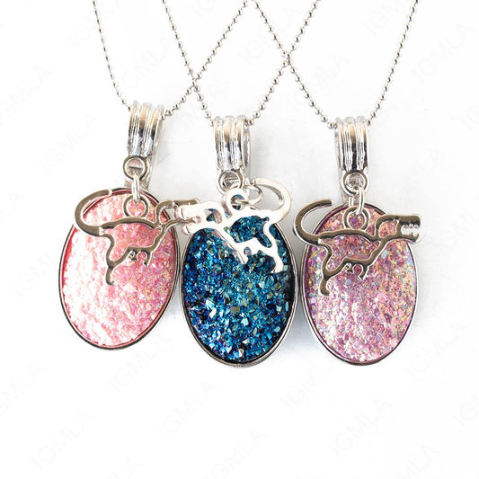 Zinc Alloy Multi, Blue, Pink Dinosaur Silver Plated Charm Druzy Oval Necklace