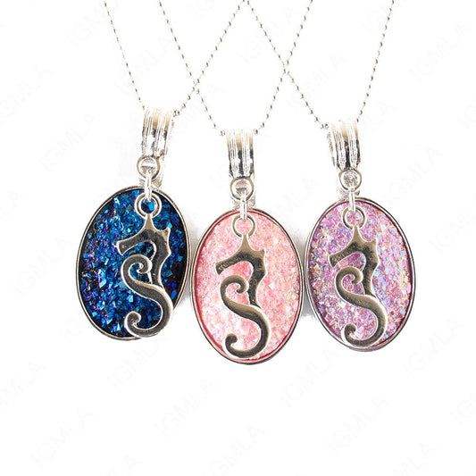 Zinc Alloy Multi, Blue, Pink Sea Horse Silver Plated Charm Druzy Oval Necklace