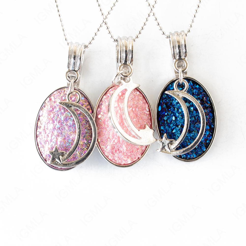 Zinc Alloy Multi, Blue, Pink Half Moon Star Silver Plated Charm Druzy Oval Necklace