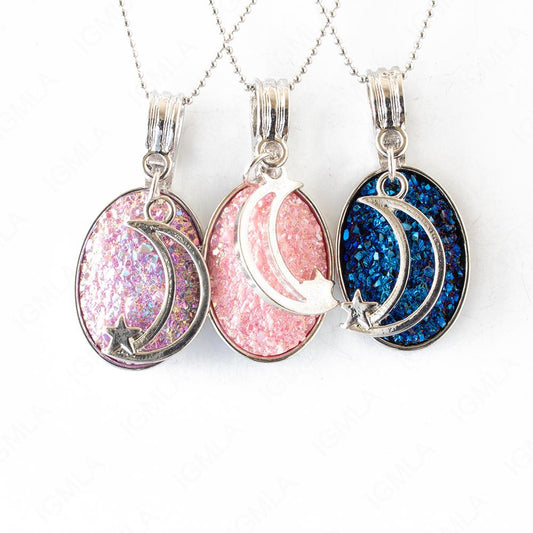 Zinc Alloy Multi, Blue, Pink Half Moon Star Silver Plated Charm Druzy Oval Necklace