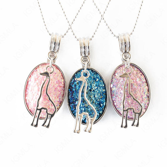 Zinc Alloy Multi, Blue, Pink Giraffe Silver Plated Charm Druzy Oval Necklace