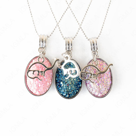 Zinc Alloy Multi, Blue, Pink Dinosaur Silver Plated Charm Druzy Oval Necklace